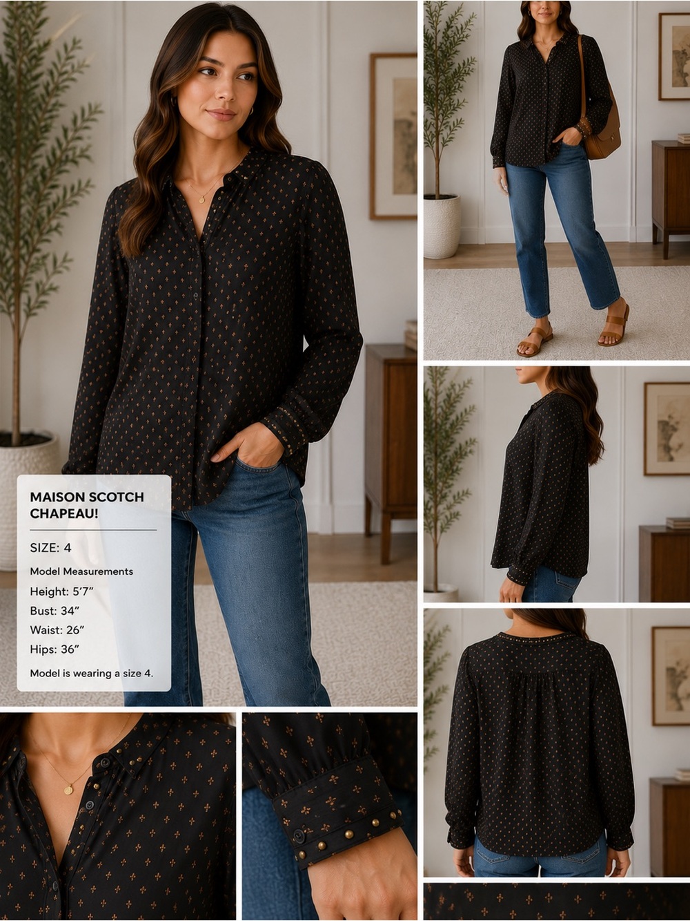 Maison Scotch Chapeau! Studded Printed Button-Up Blouse Size 4